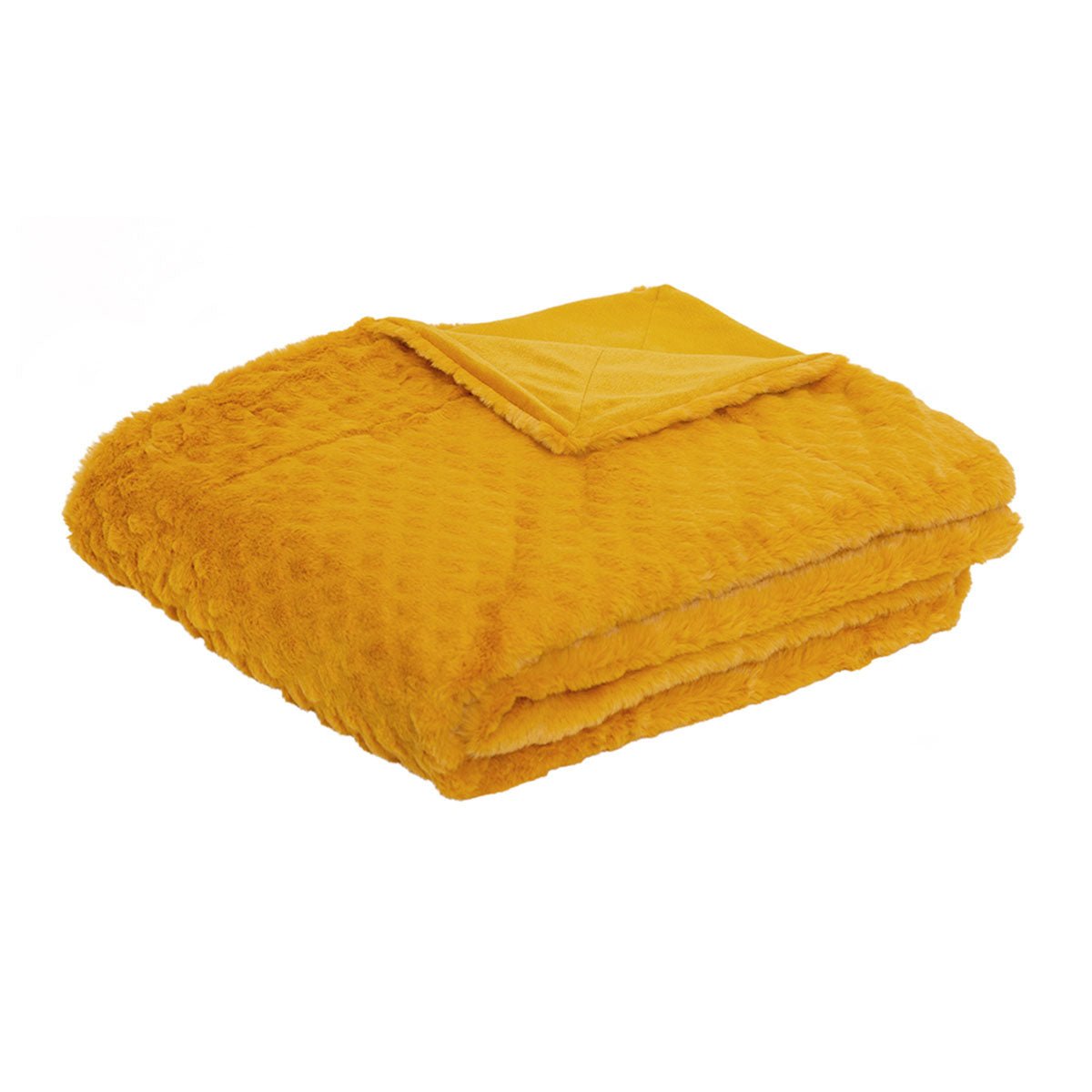 Mustard faux fur throw blanket by J.Elliot Home for cozy kids room decor.