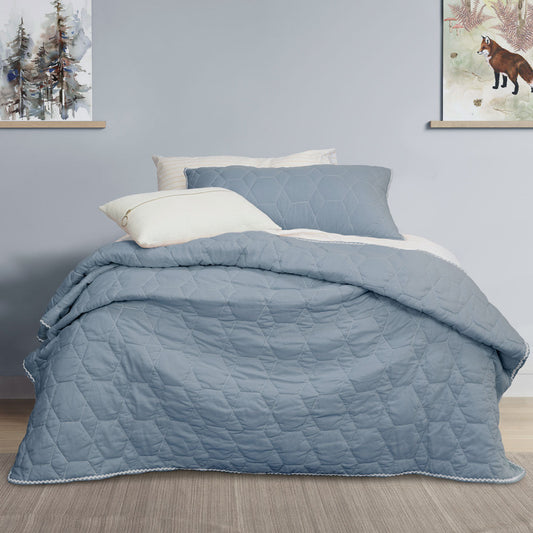 Pale blue geometric coverlet set for kids bed - versatile single/double size. Perfect for kids room decor.