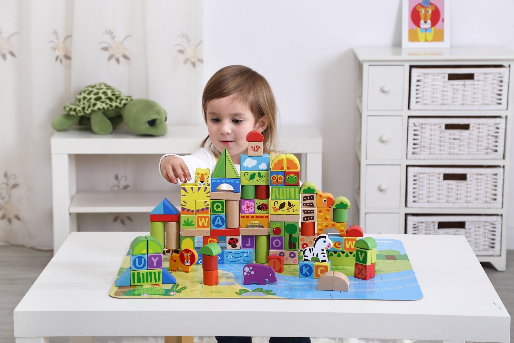 Colorful jungle animal wooden blocks for interactive play, engaging children at home.