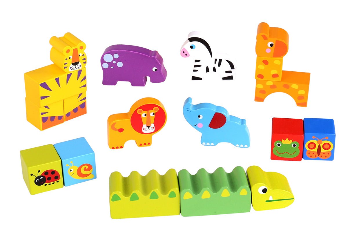 Colorful jungle animal wooden blocks, perfect for imaginative play in childrens rooms.