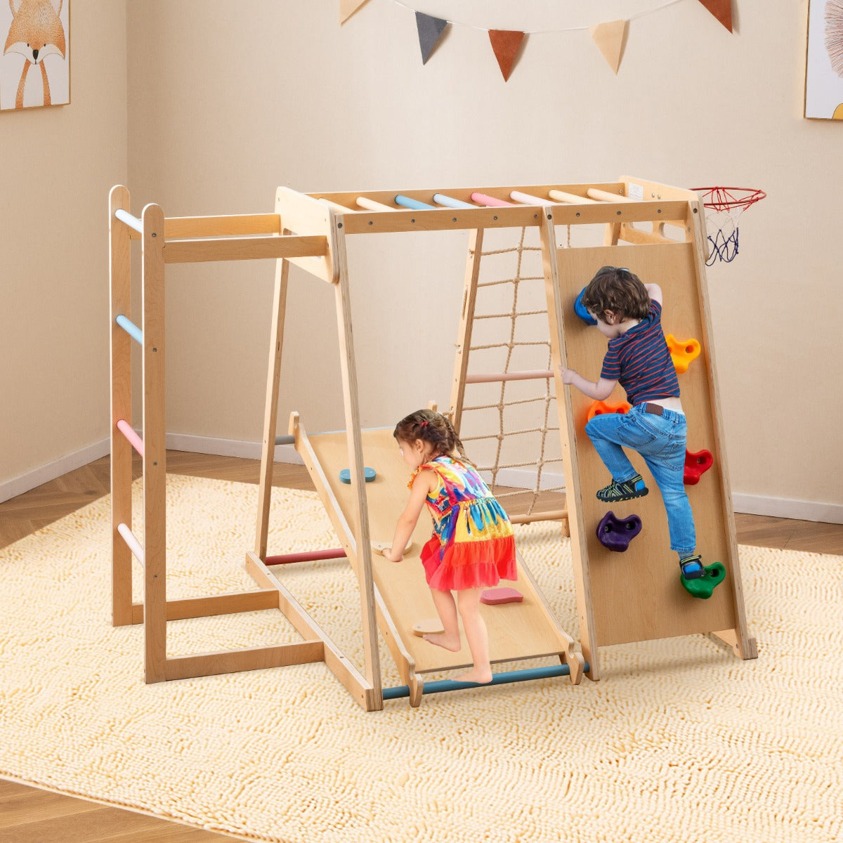 6-in-1 Jungle Gym with Slide and Rock Climbing for 3-14 Years Olds-Macaron