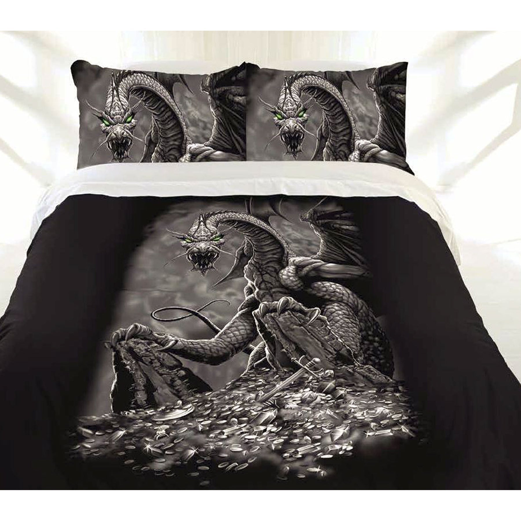 Vibrant green dragon-themed quilt cover set for kids bedrooms, playful and imaginative design.