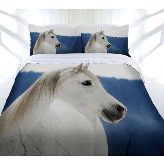 Snowy horse quilt cover set for kids, playful design for cozy bedrooms.