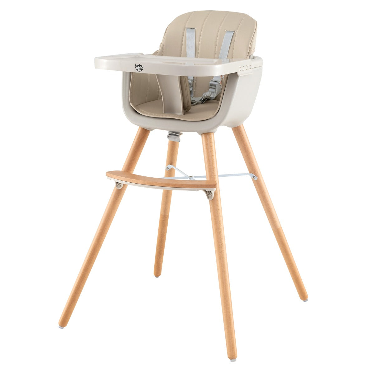 white high chair converts to booster seat, featuring adjustable legs and removable tray for growing babies.