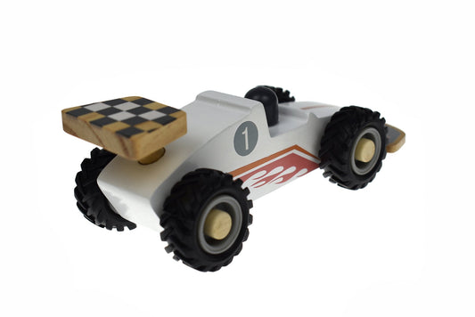 White wooden racing car toy for childrens playtime with sleek design and durable construction.