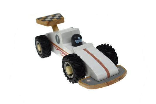 KD Wooden Racing Car White - a timeless toy car for kids, perfect for indoor play.