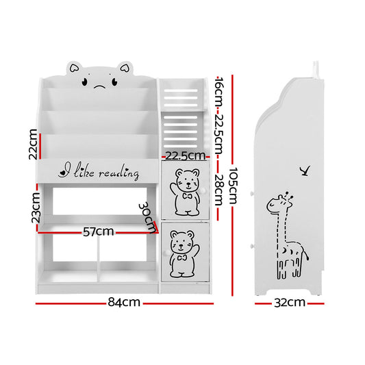 Kids 4-tier bookshelf and toy organizer for organized storage and display in childrens rooms.