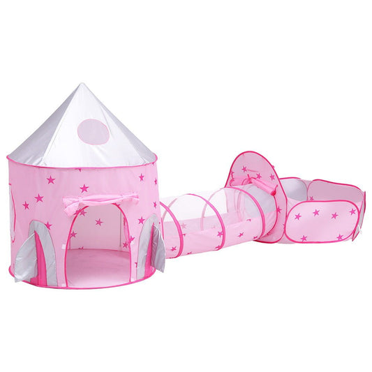 Keezi Kids Pink Pop Up Tent with Tunnel and Basketball Hoop for indoor play.