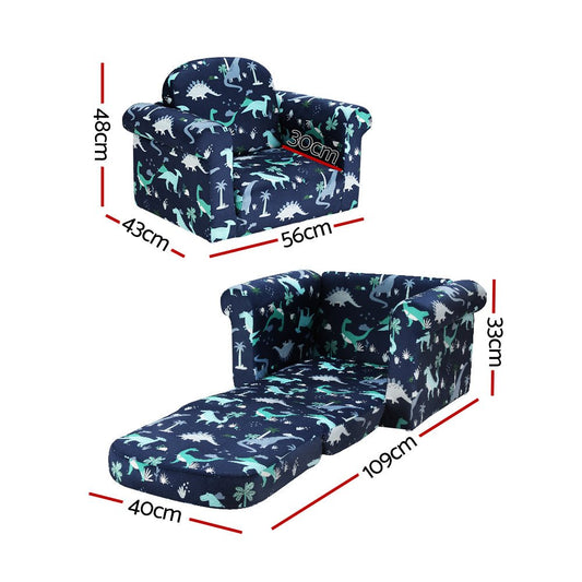 Keezi Kids 2 Seater Dinosaur Navy Sofa | Fun, flip-open design for childs cozy seating.