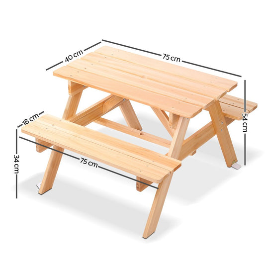 Keezi Kids Wooden Picnic Table Set with Umbrella for outdoor dining and playtime.