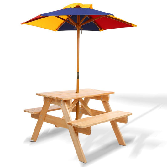 Keezi Kids Wooden Picnic Table Set with Umbrella - Perfect for outdoor playtime fun.