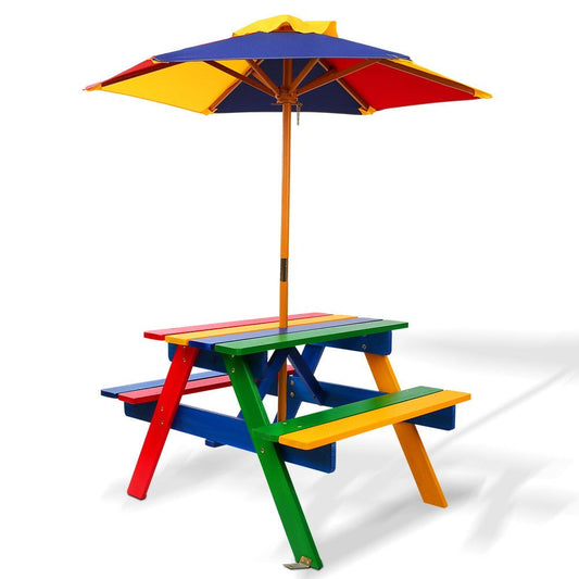 Keezi Kids Wooden Picnic Table Set with Umbrella for outdoor play and relaxation.