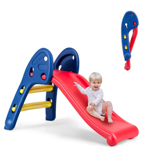 Colorful, foldable kids slide with triangular design for indoor/outdoor play, ages 3-8.