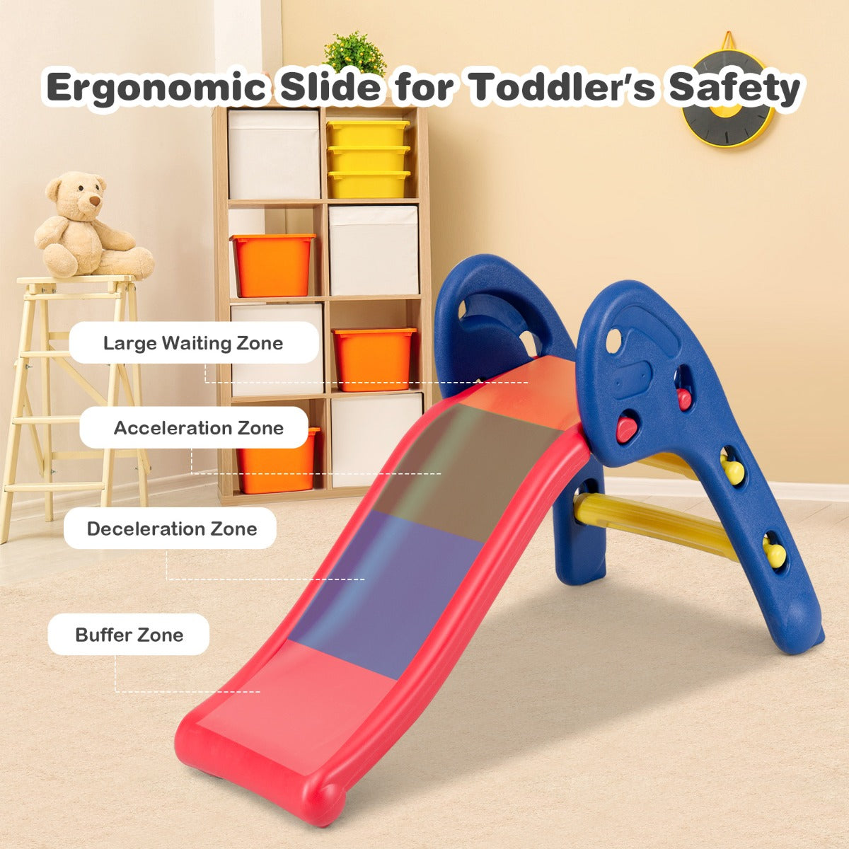 Colorful foldable kids slide for indoor/outdoor play, ages 3-8, with unique triangular design.