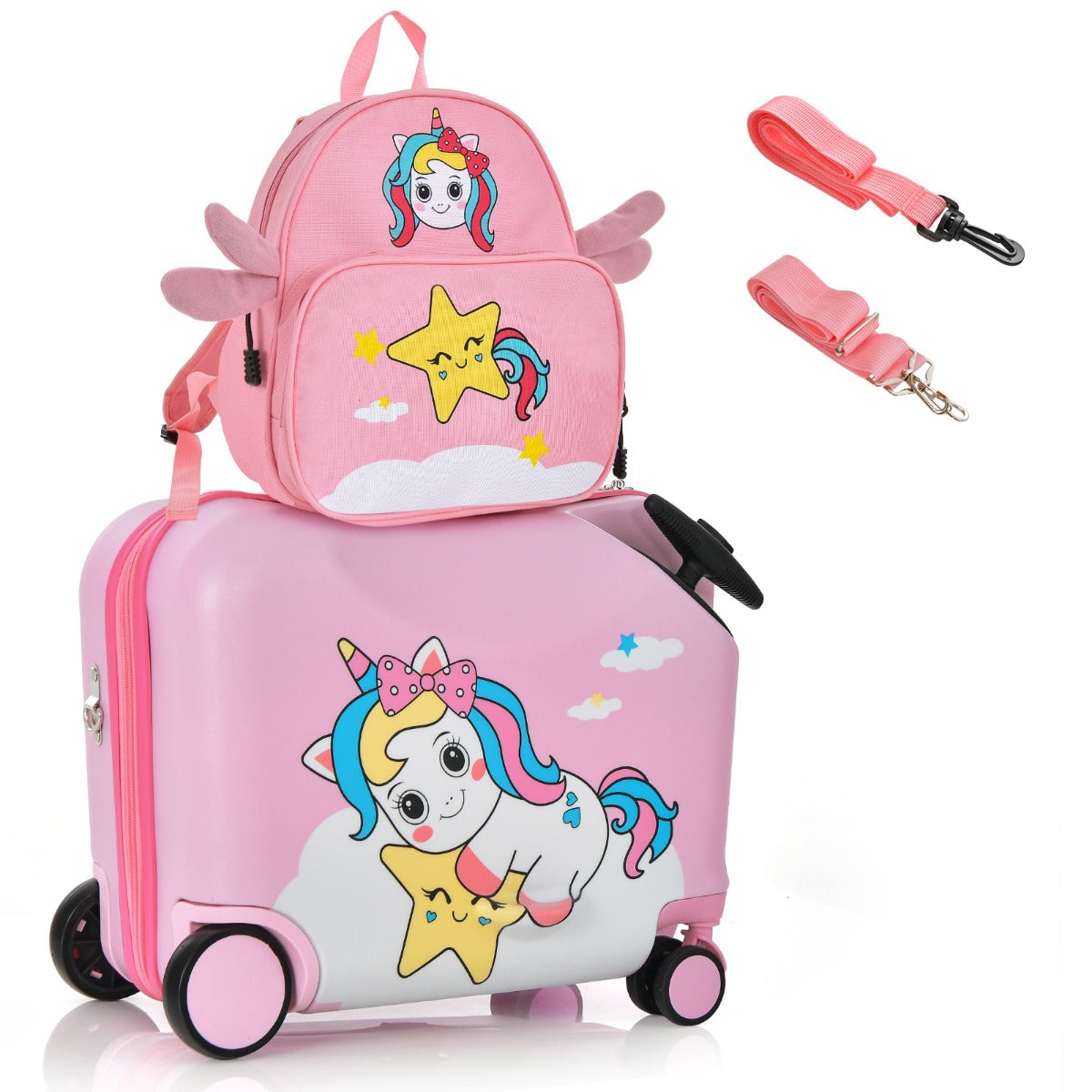 Colorful bee-themed luggage set with ride-on suitcase and backpack, perfect for kids travel.