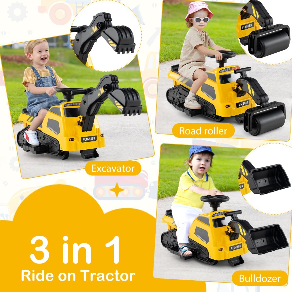 Kid Ride On Tractor | Yellow 3-in-1 Musical Excavator Toy