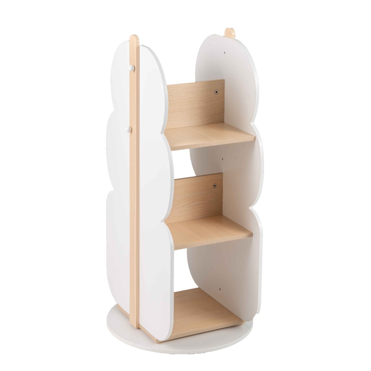 White rotating bookshelf for kids features five shelves, offering 360-degree access for easy toy and book organization.