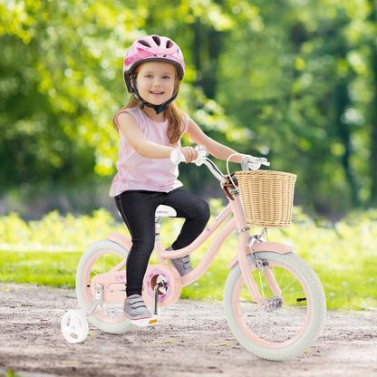 Costway Kids Bike with Training Wheels and Adjustable Handlebar-Pink-14 inches