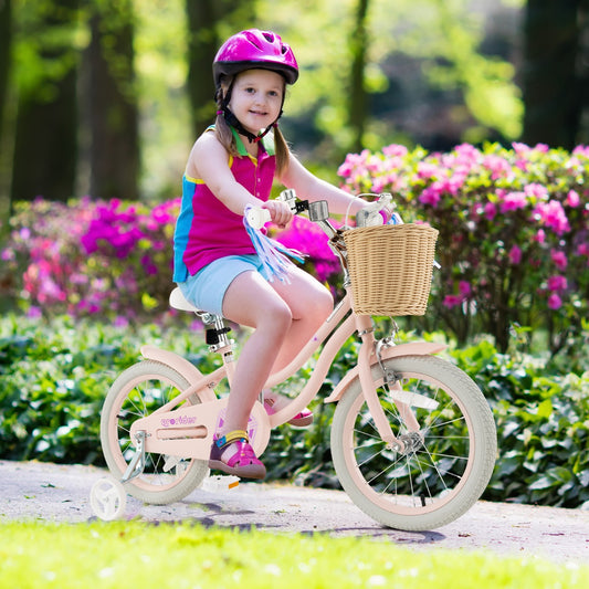 Costway Kids Bike with Training Wheels and Adjustable Handlebar-Pink-16 inches