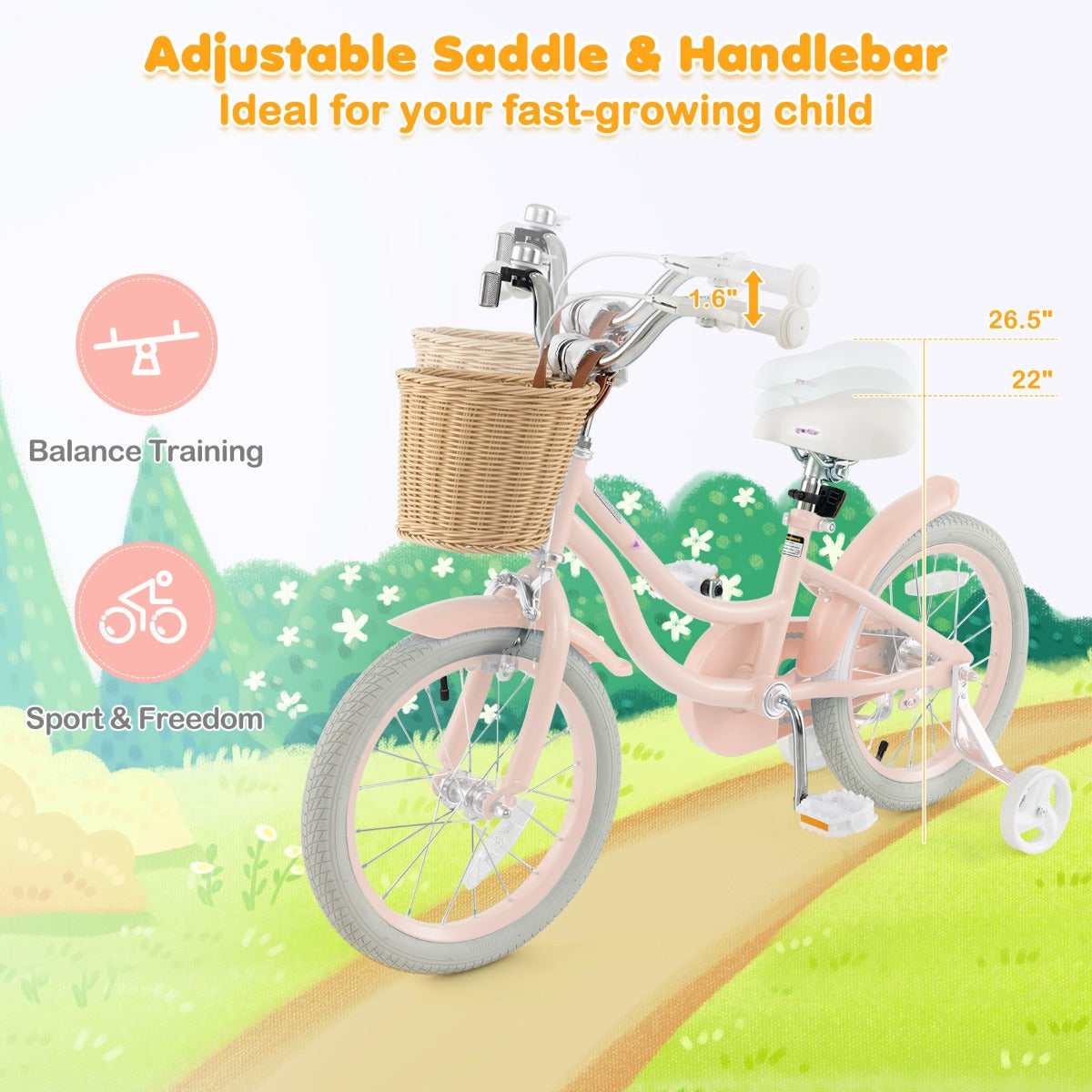 Kids Bike 16 Inch Pink | Adjustable Handlebar & Smooth Ride