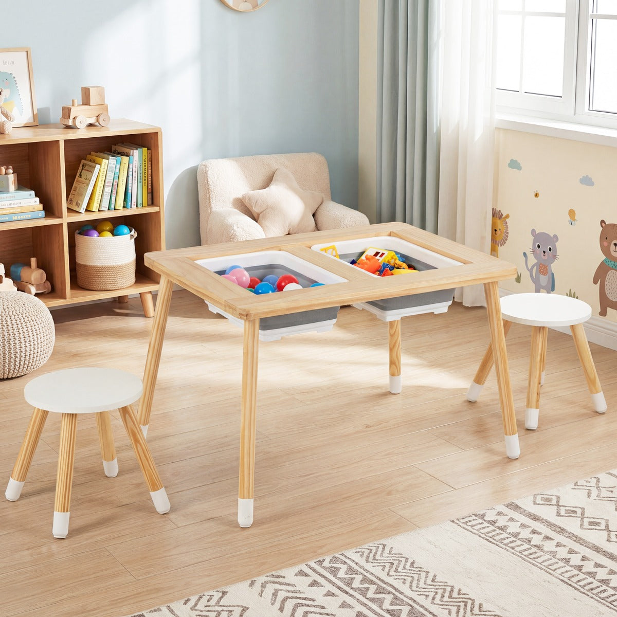 Kid's Table and Chairs Set with Detachable Double-Sided Tabletops-Natural