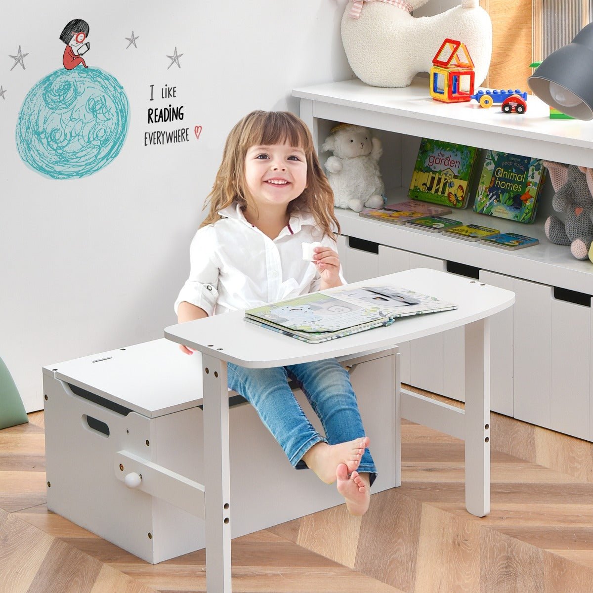 White kids activity bench set with storage box, versatile 3-in-1 design for creative play.