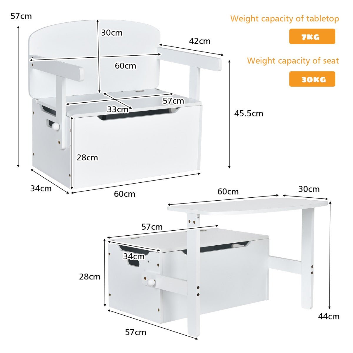 White 3 in 1 Kids Activity Bench with Storage, versatile design for play and storage