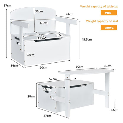 White 3 in 1 Kids Activity Bench with Storage, versatile design for play and storage