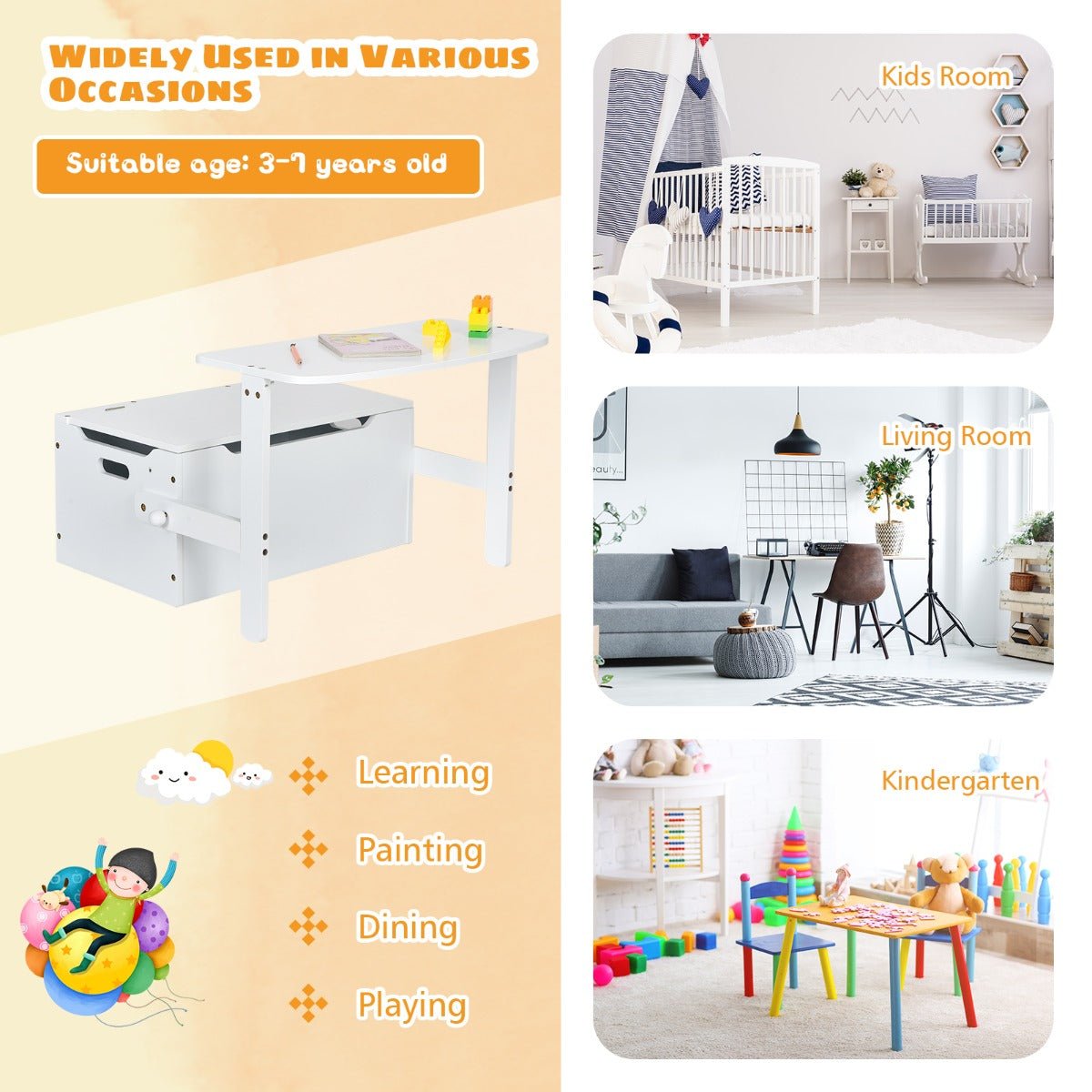 White 3-in-1 kids bench set with storage box - versatile and practical childrens furniture.