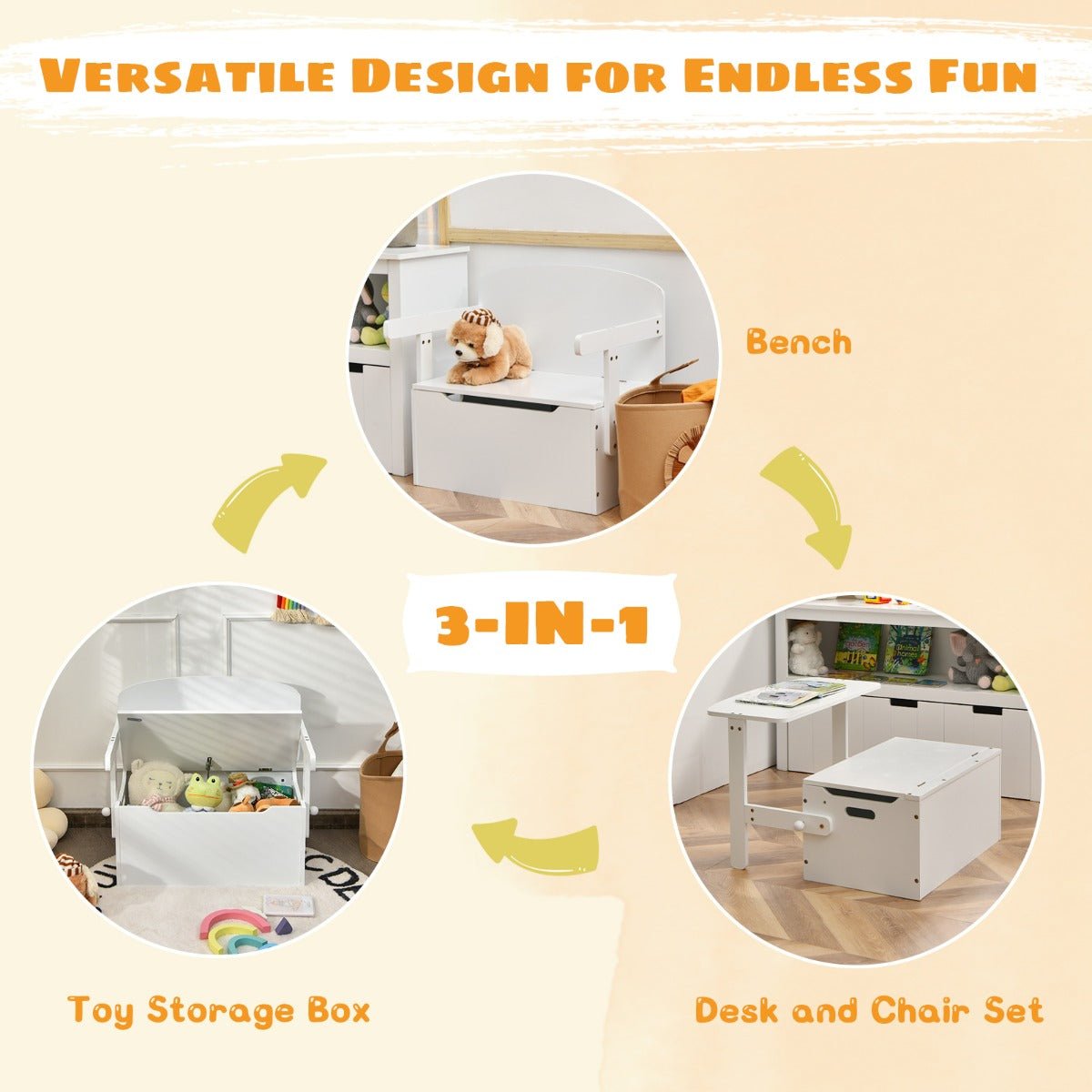 White 3-in-1 Kids Activity Bench Set with Storage Box for play and organization.