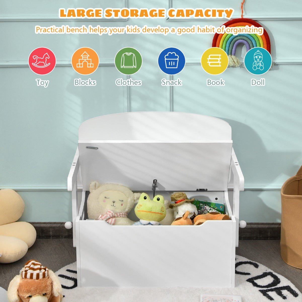 Kids white activity bench with storage - versatile 3-in-1 set for creative play and storage.