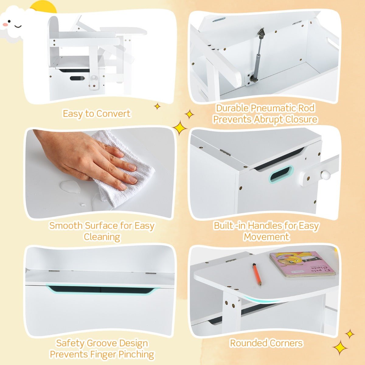 White Kids Activity Bench with Storage Box, versatile 3-in-1 design for play and storage.
