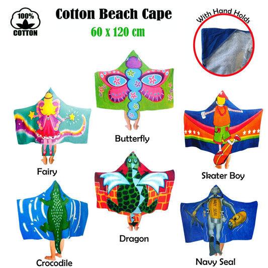 Colorful kids butterfly hooded beach towel cape made of soft cotton velour fabric.