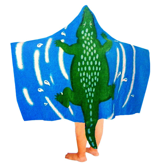 Kids crocodile hooded beach towel cape in soft cotton velour for playful bath time fun