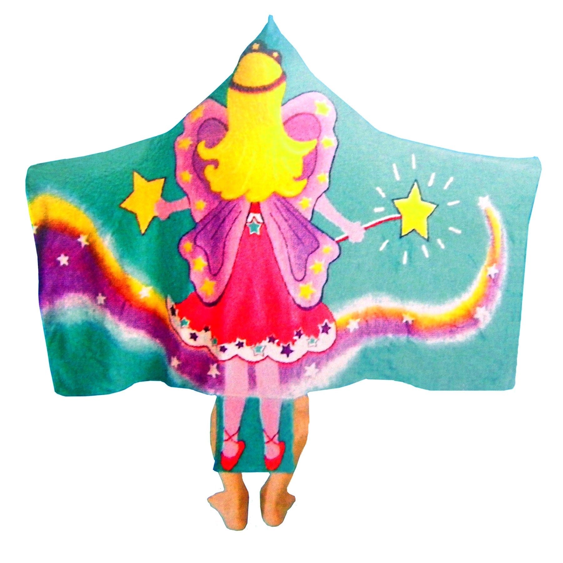 Colorful fairy print hooded beach towel cape for kids, made of soft cotton velour.