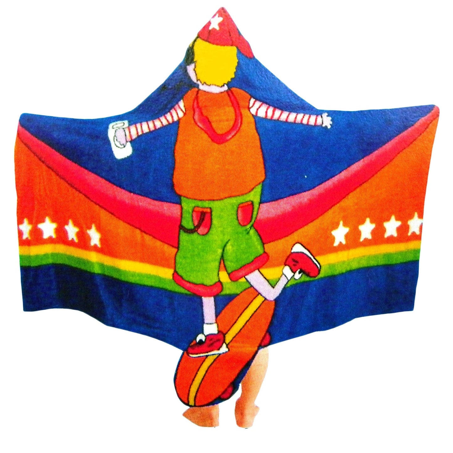 Cotton velour skater boy hooded beach towel cape for kids with fun design.