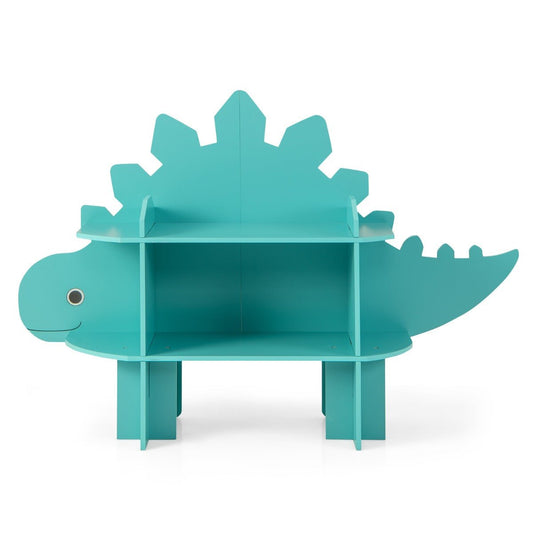 Dinosaur kids bookcase with 2-tier green shelves, perfect for ages 3-7 bedroom organization.