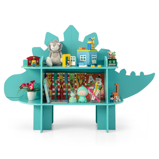 Green 2-tier dinosaur-themed bookcase for kids aged 3-7, perfect for organizing childrens books.