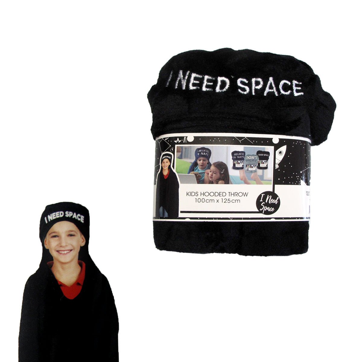 Kids hooded blanket with whimsical space theme for cozy and imaginative playtime.