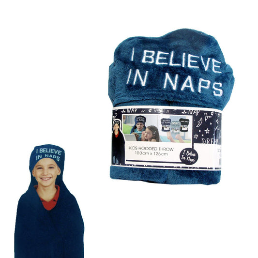 Kids blue hooded throw blanket with I Believe in Naps text, perfect for cozy naptime.