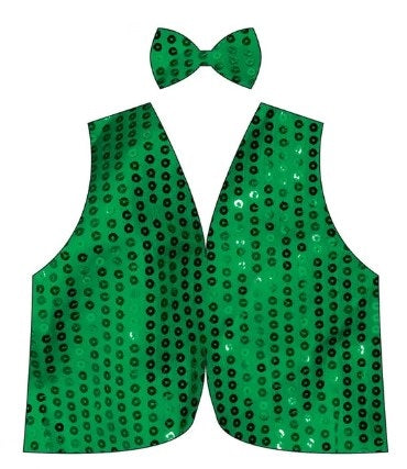 Kids sparkly green sequin vest and bow tie set for festive costumes and playtime.