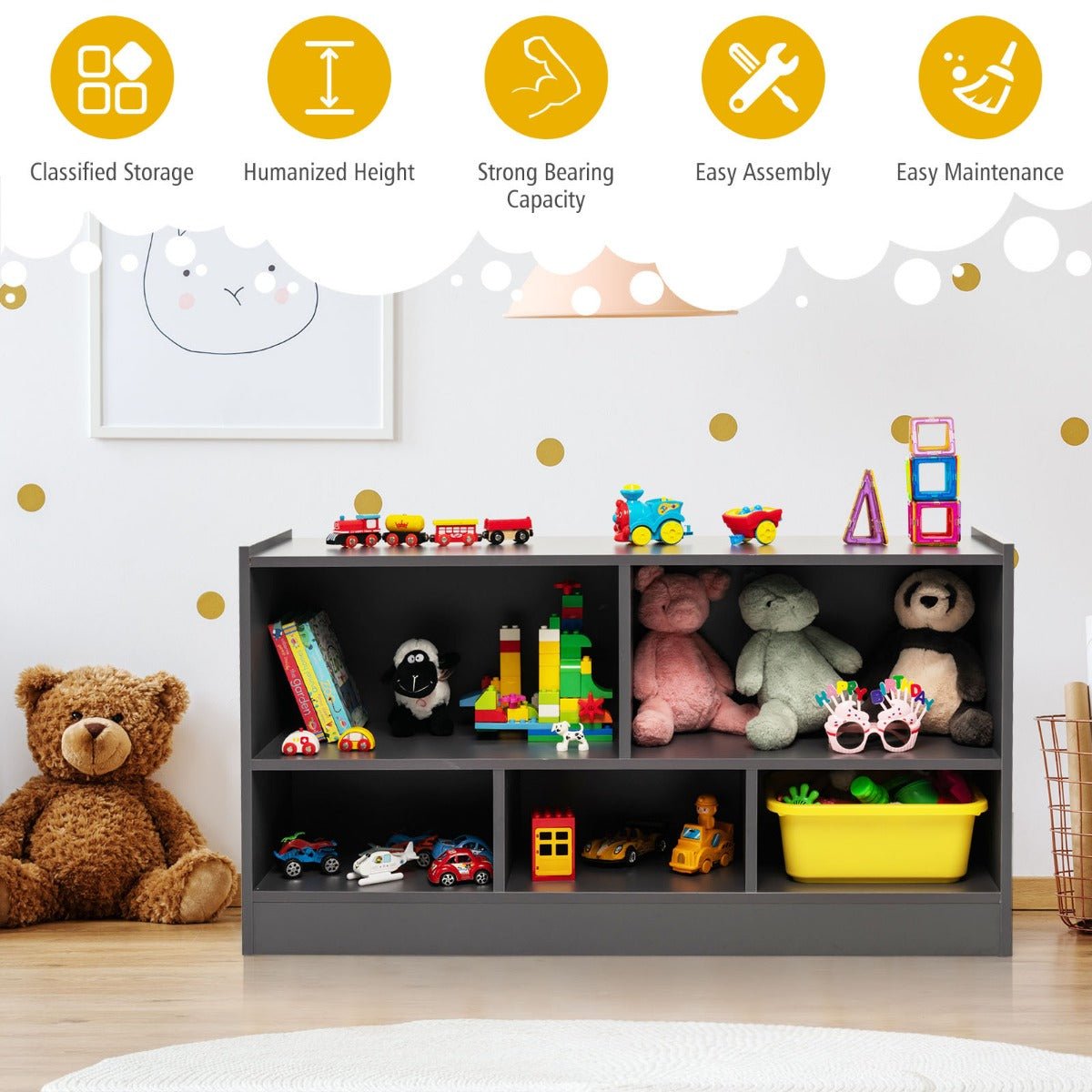 Kids grey 5-cube bookshelf and toy organizer for neat and colorful storage solution.