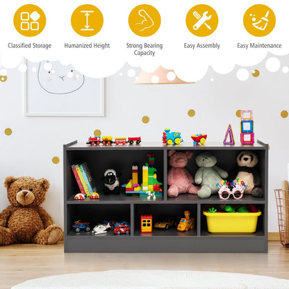 Kids grey 5-cube bookshelf and toy organizer for neat and colorful storage solution.