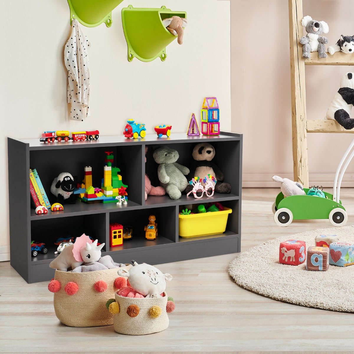 Kids grey 5-cube bookshelf and toy organizer, ideal for tidy and stylish storage solution.