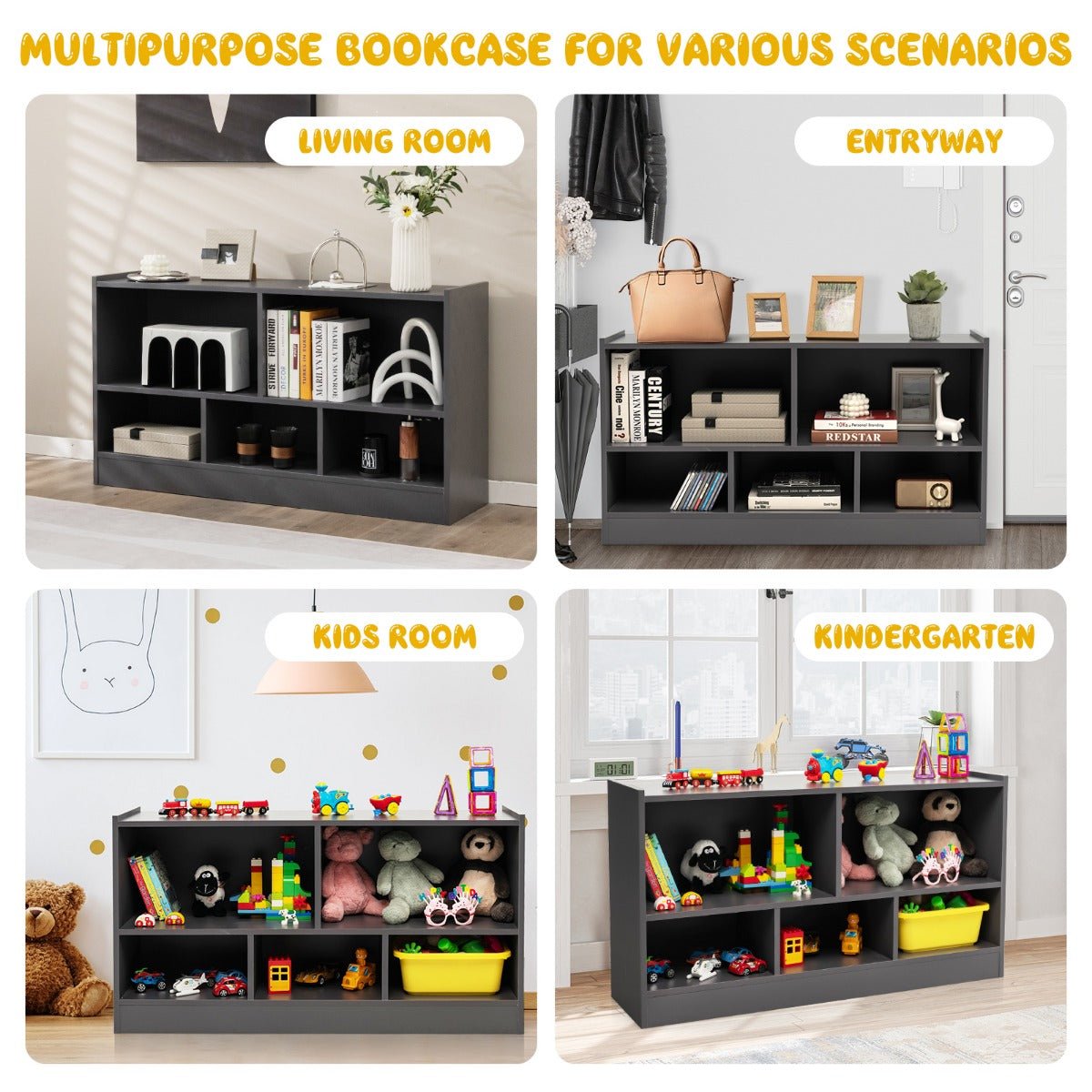 Kids grey 5-cube bookshelf and toy organizer for stylish and functional childrens room storage.