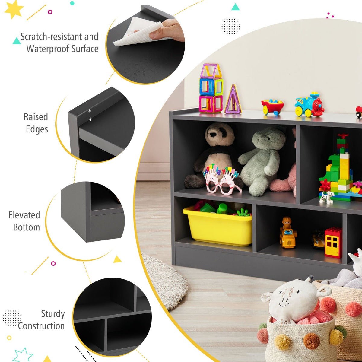 Kids grey 5-cube bookshelf and toy organizer storage unit for playful and tidy rooms