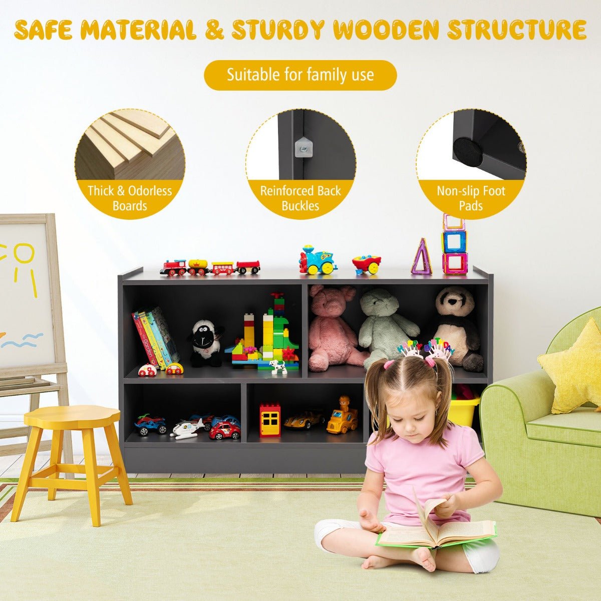 Kids grey 5-cube bookshelf and toy organizer storage unit for childs bedroom organization.