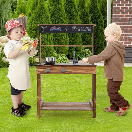 Wooden mud kitchen playset with storage for outdoor play and creativity, suitable for kids 3+.