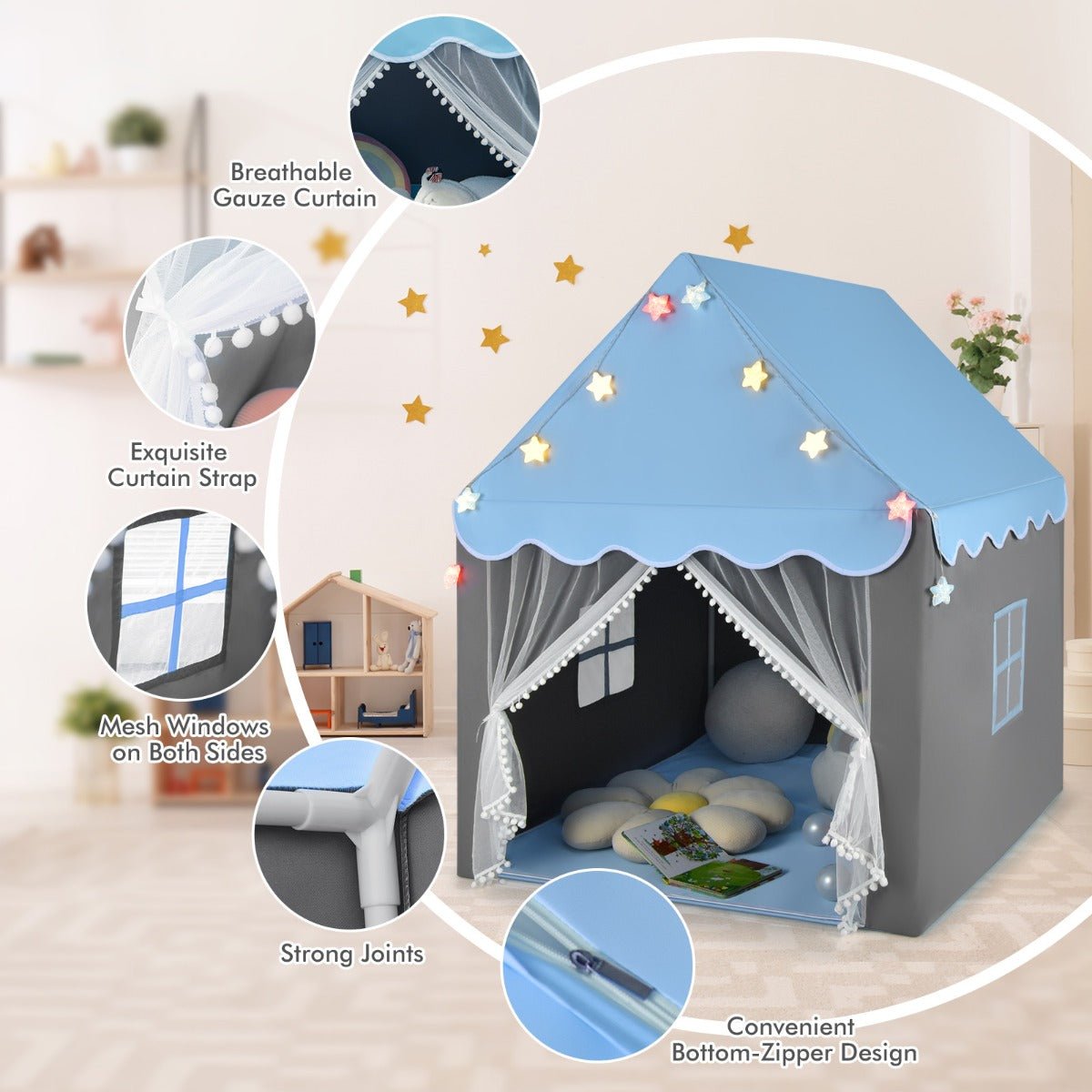 Blue Castle Kids Playhouse Tent with Lights and Washable Mat for imaginative indoor fun