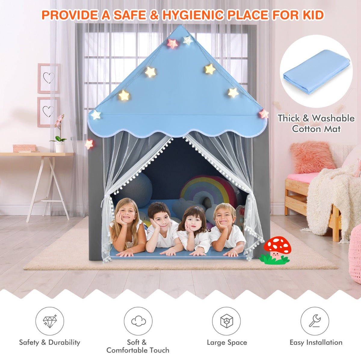 Blue Castle Kids Playhouse Tent with Lights and Washable Mat for imaginative indoor fun